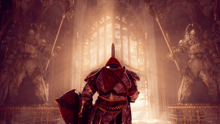 The protagonist of Crimson Moon stands before a gate