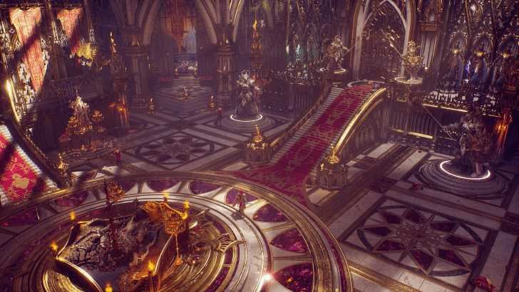 An opulent throne room from the upcoming game Crimson Moon