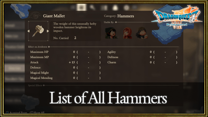 Dragon Quest VII Reimagined - List of All Hammers