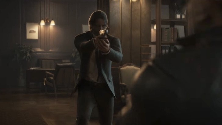 John Wick aiming a gun toward an opponent