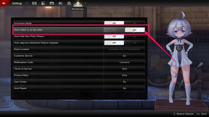 Turn on Auto-Match in Co-Op Areas