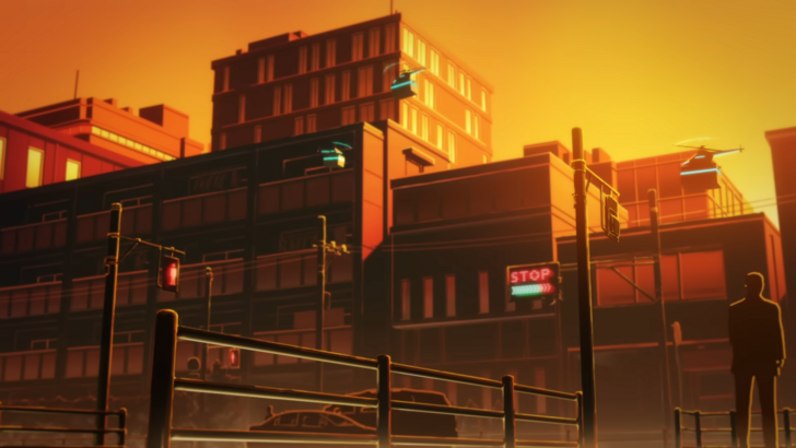 .hack//ZERO urban skyline at sunset