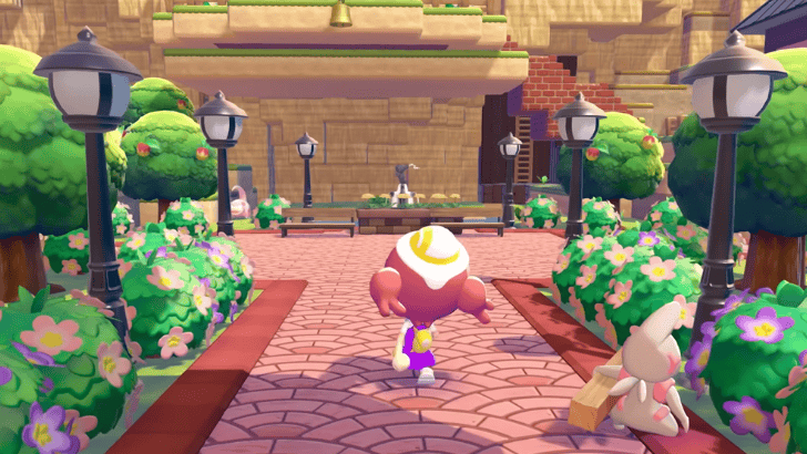 Pokemon Pokopia Ditto walking on pretty road