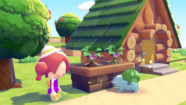 Pokemon Pokopia Ditto with Bulbasaur near house