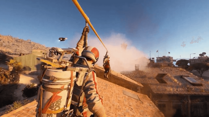 ARC Raiders characters using a zipline during a raid