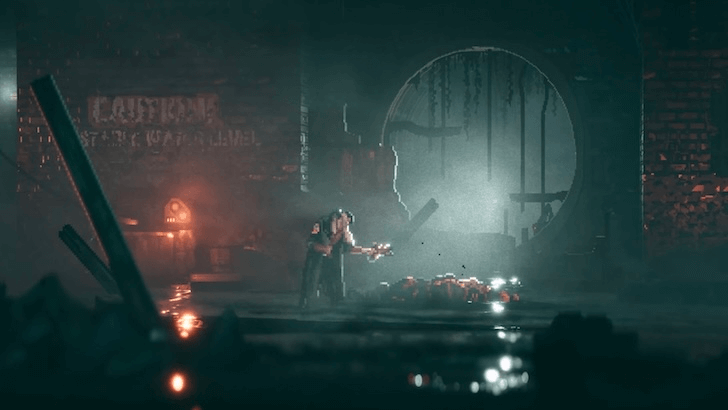 R.E.A.C.H. holding a weapon inside a dimly lit environment