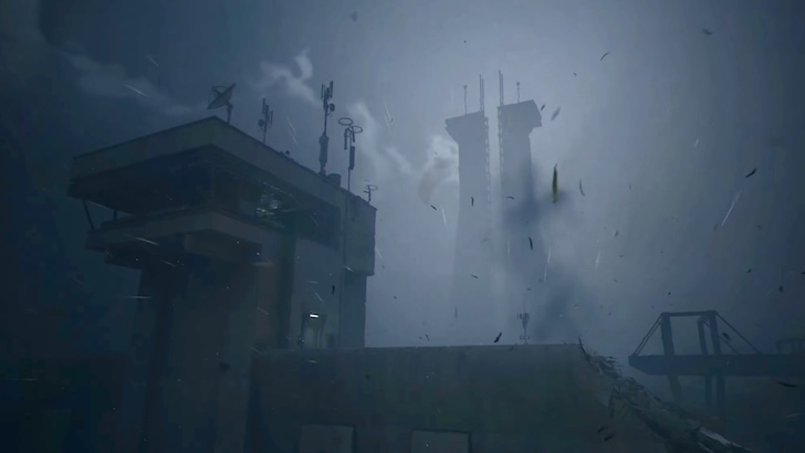 Strong winds and flying debris surround a building