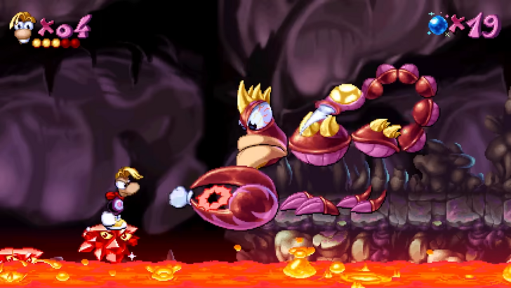 Rayman fighting Mr. Skops in their boss fight