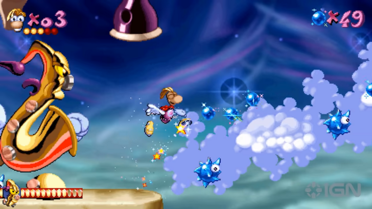 Rayman jumping through band land