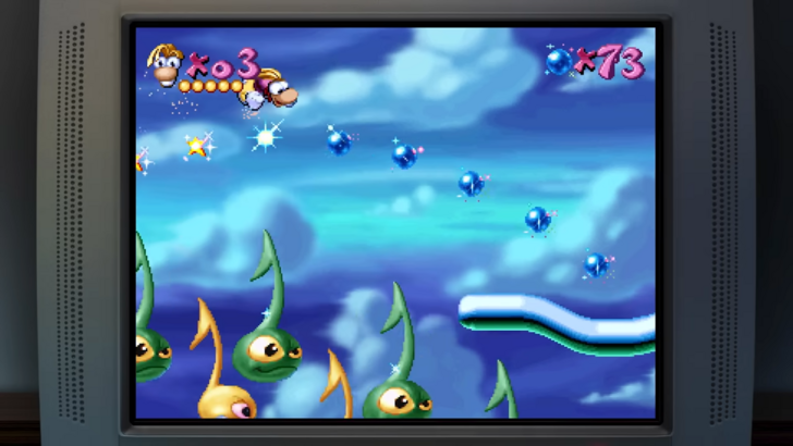 Rayman gliding through the Band Land stage