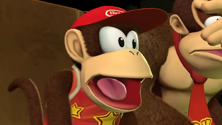 Diddy Kong looking shocked with jaws dropped at a subject off-screen, Donkey barely covering his eyes with his hands