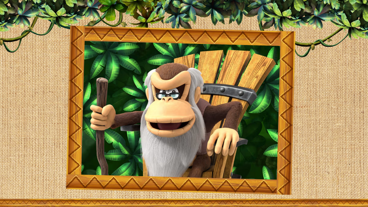 A portrait of a smiling Cranky Kong sitting in a chair and holding a cane