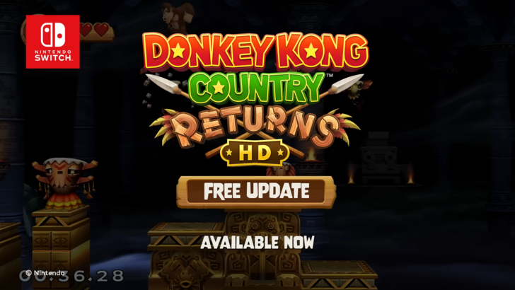 Donkey Kong Country Returns HD logo with text that says Free Update Available Now, Donkey Kong in the background leaping inside a Tiki Tak tribe temple