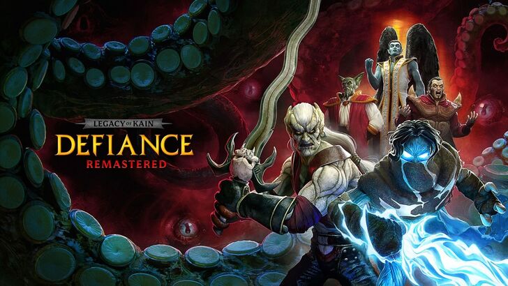 Legacy of Kain Defiance Remastered logo, cast of characters to the right with Kain and Raziel at the front and Janos Audron Vorador and Mortanius