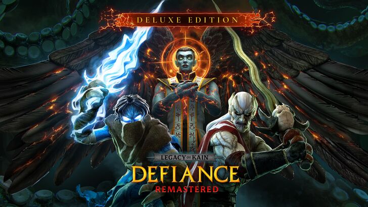 Text above that says Deluxe Edition and the Legacy of Kain Defiance Remastered logo at the bottom, Janos Audron in the middle with both Raziel and Kain below him