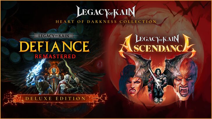 Text above that states Legacy of Kain Heart of Darkness Collection, Defiance Remastered cover art to the left and Legacy of Kain Ascendance cover art to the right