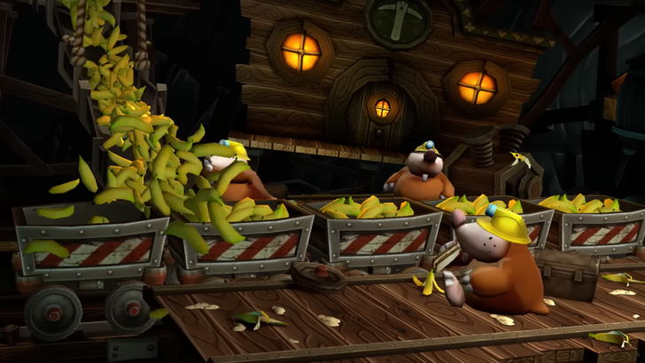 Guard Moles loading an avalanche of bananas onto several minecarts inside a cave, house with a pickaxe logo at the backdrop