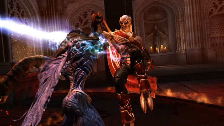 Kain evades Raziel’s blade made of light, inside a burning circle in a temple room with altars to the back