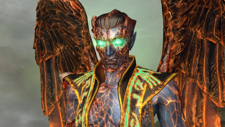 Janos Audron<br>
 Possessed by the Hylden Lord, green eyes and magma-like veins