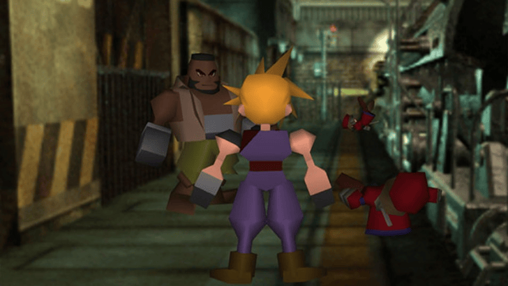 FF7 Cloud Strife and Barret Wallace with defeated Shinra guards
