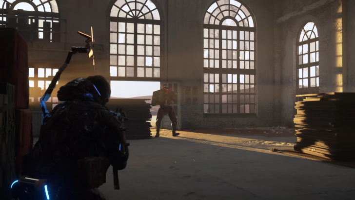 Death Stranding 2 On The Beach Sam Porter aiming a gun at an enemy inside a building, sun setting to the side