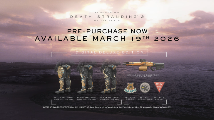 Death Stranding 2 with text that says Pre-Purchase Now Available March 19th 2026 with Digital Deluxe Edition bonus content including four pieces of equipment, and patches