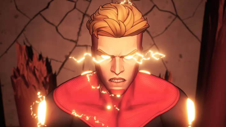 Invincible VS Powerplex closeup with a furious expression, electricity surging through his eyes and suit