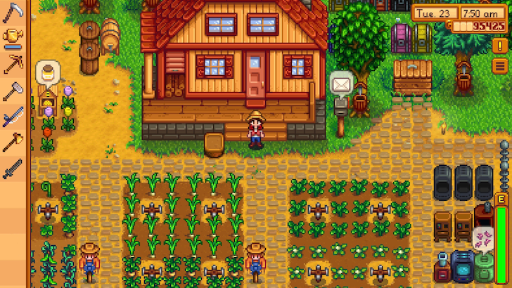 A Stardew Valley farmer standing outside the farmhouse