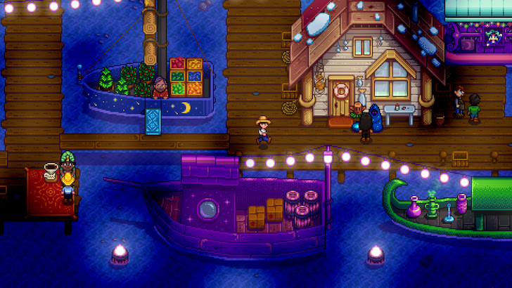 A Stardew Valley farmer in the Night Market festival
