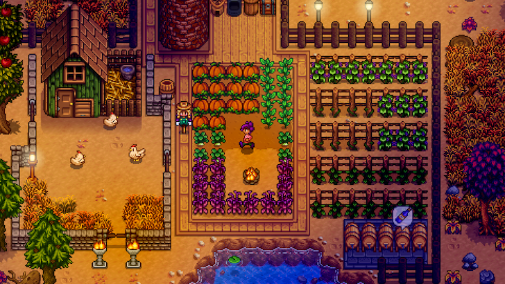 A Stardew Valley farmer walking to their chickens