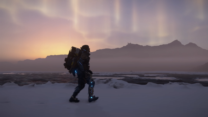Death Stranding 2 On the Beach Sam Porter walking across a winter landscape, aurora lights in the sky