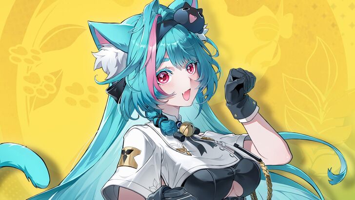 NTE Mint smiling with her fist raised and curled downward like a cat statue, gold background