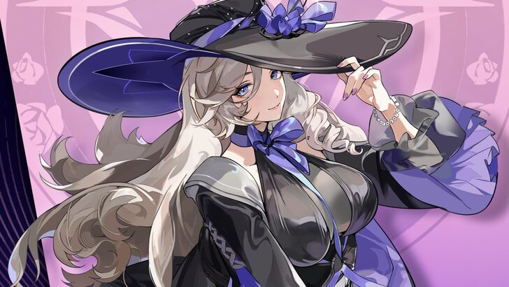 NTE Jiuyuan looking up smiling and holding her large hat with a finger, violet background