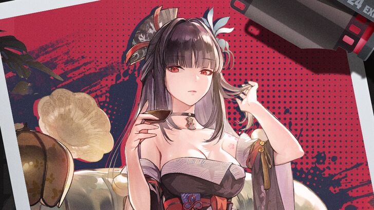 NTE Hotori looking down with her mouth partially open fixing her hair, red background