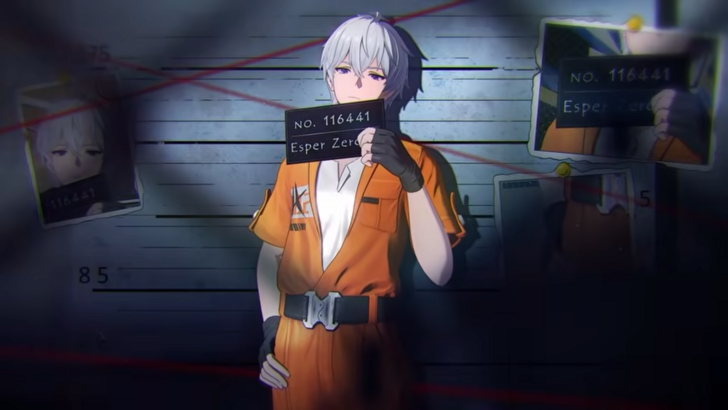 NTE Esper Zero in a prison suit holding an identification placard, posing for a mugshot