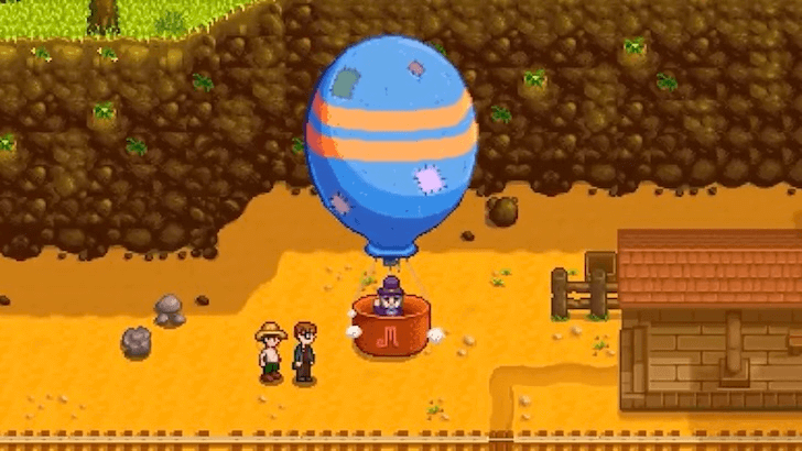 The player with Harvey and the Bookseller in his hot air balloon