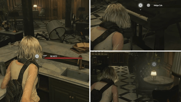 Pick Up Antique Coin, Green Herb, and Pistol