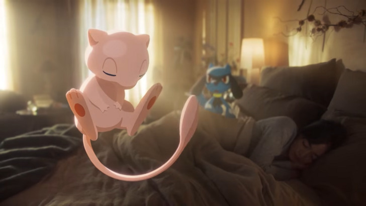 Mew sleeping next to a trainer while Riolu watches