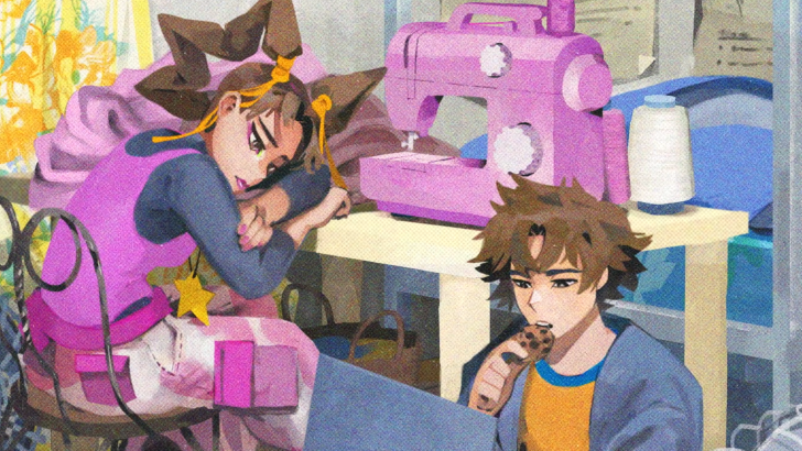 Until Then Sofia slumped on a desk with a sewing machine and Mark eating a cookie as he uses his laptop, both have worn and sad expressions