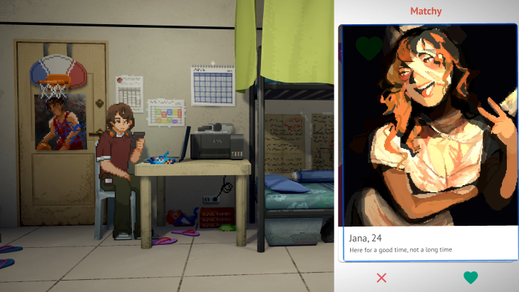 Until Then Mark in his apartment looking at the dating profile of Jana in Matchy