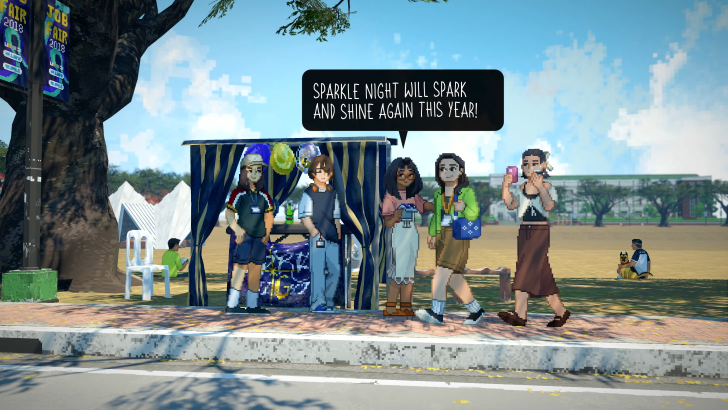 Until Then Mark and his teammates promoting the concert Sparkle Night, set on a campus road with a wide open, sunken field in the background