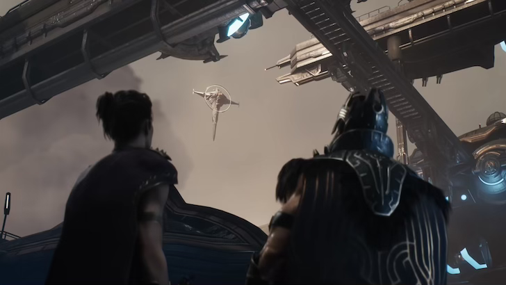 Two characters looking at a something in the sky