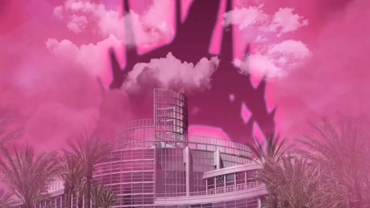 Pokemon Go the silhouette of Eternatus towering over an institution, red-pink skies and clouds fill the area