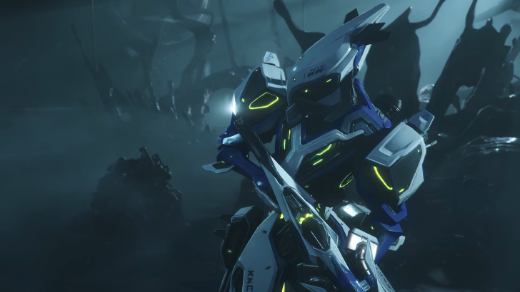 Warframe frame with a white and blue color scheme holding a gun looking behind, otherworldly realm covered in ink