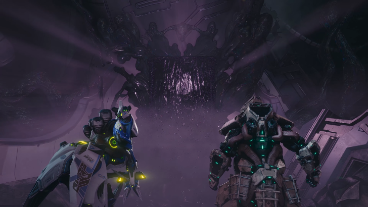 Warframe two frames looking at a tall ink painting, set in an otherworldly realm covered in ink