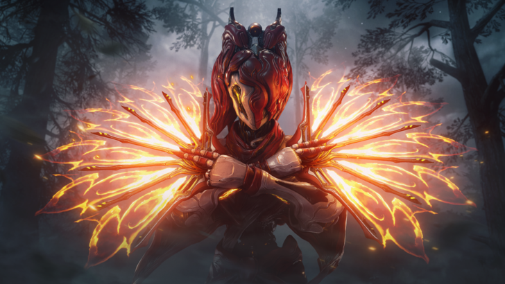 Warframe red head frame holding flaming knives, set in a misty forest