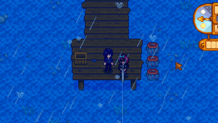 stardew fishing in the rain with sebastian