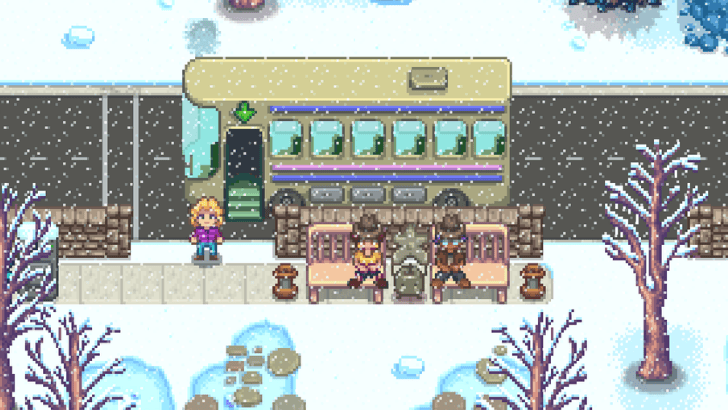 stardew winter two farmers at the bus stop