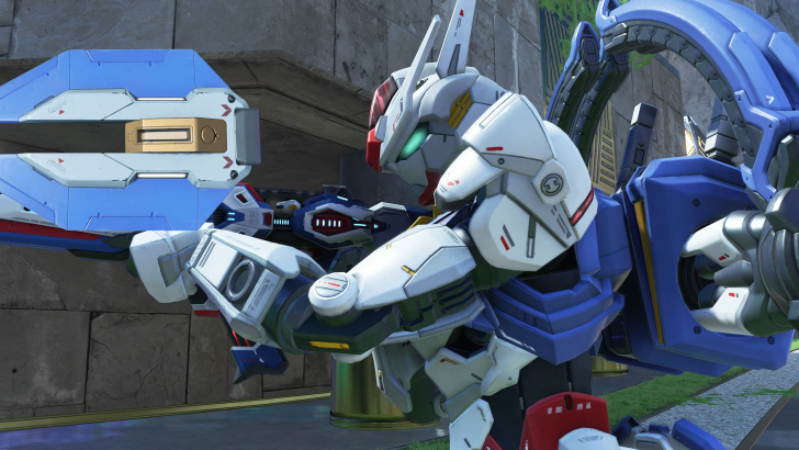 Apex Legends Gundam Aerial aiming with a Beam Rifle and a Bit Stave accompanying it