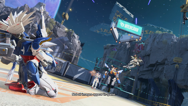 Apex Legends Wing Gundam Zero sliding and shooting Aerial and Deathscythe, set inside Broken Moon with space ships fighting in the sky